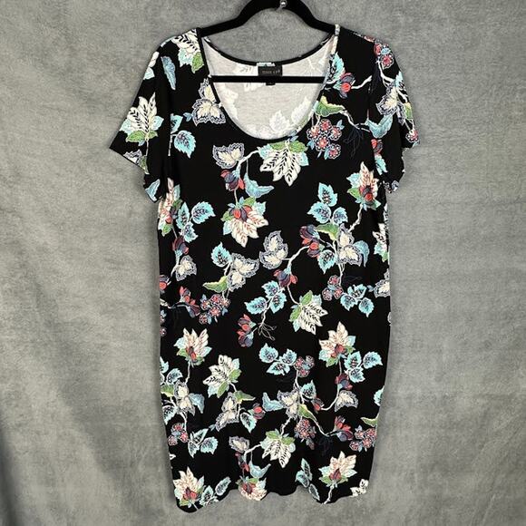 J Jill Wearever Collection Dress Womens Medium Black Floral Short Sleeve Stretch - Picture 1 of 13